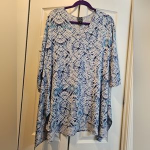 Clara Sunwoo like new 1X Tiedye-esk Blue on White Parachute Hem Tunic EUC